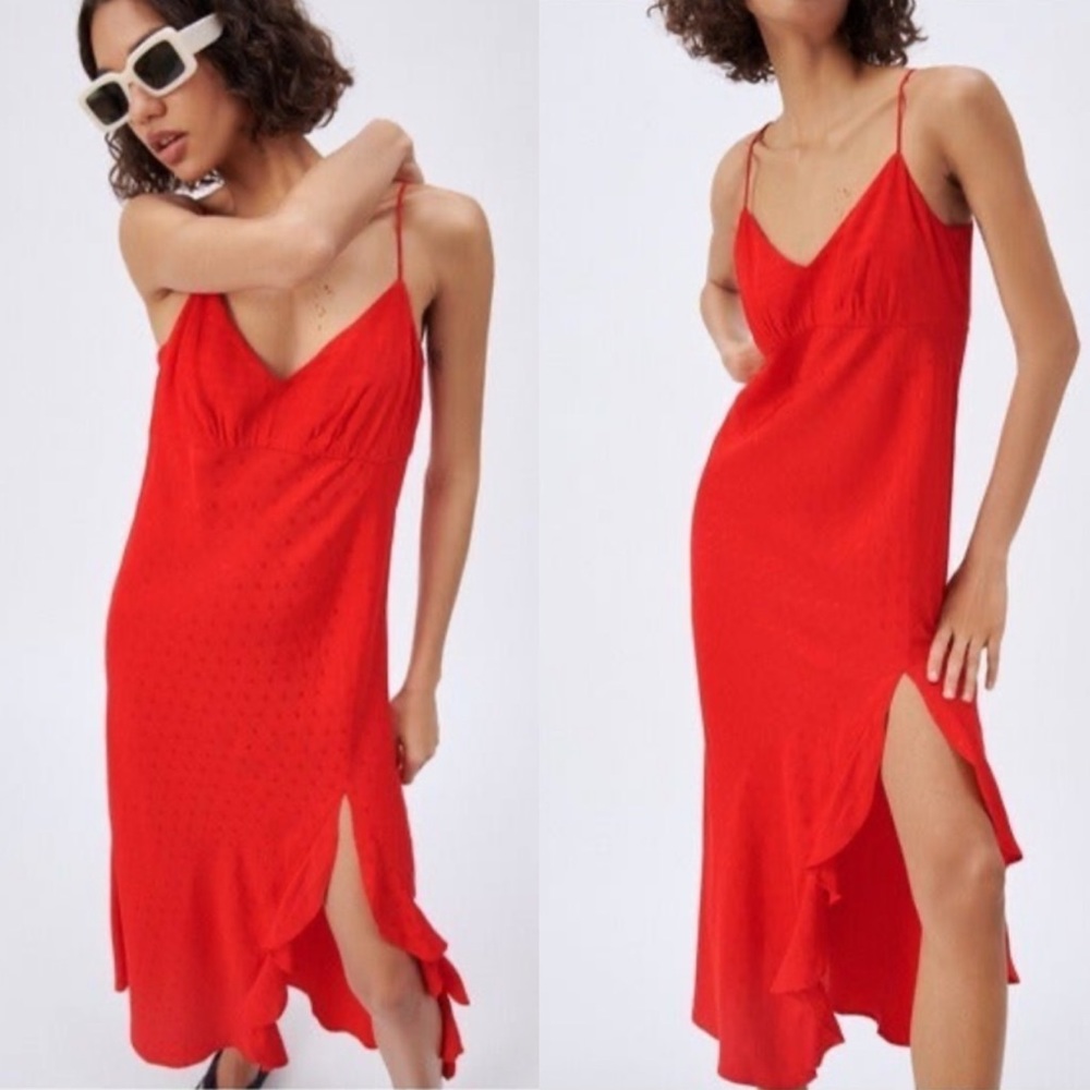 ⛔️SOLD⛔️Zara Red Satin Polka Dot Ruffle Leg Slit Spaghetti Strap Slip Dress Siz - Picture 4 of 9